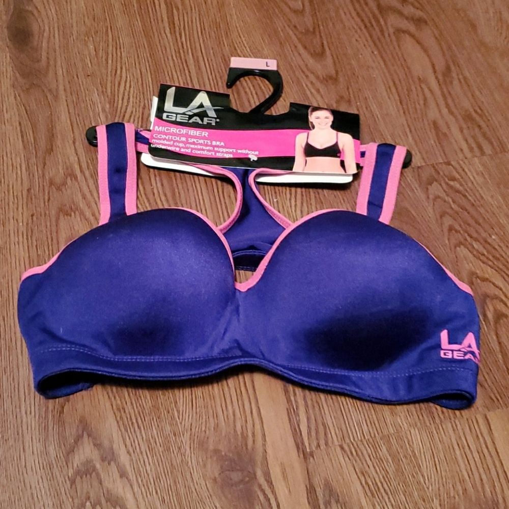 LA Gear Blue Indigo Sports Bra Size L NWT Pink Trim Contour Padded Microfiber